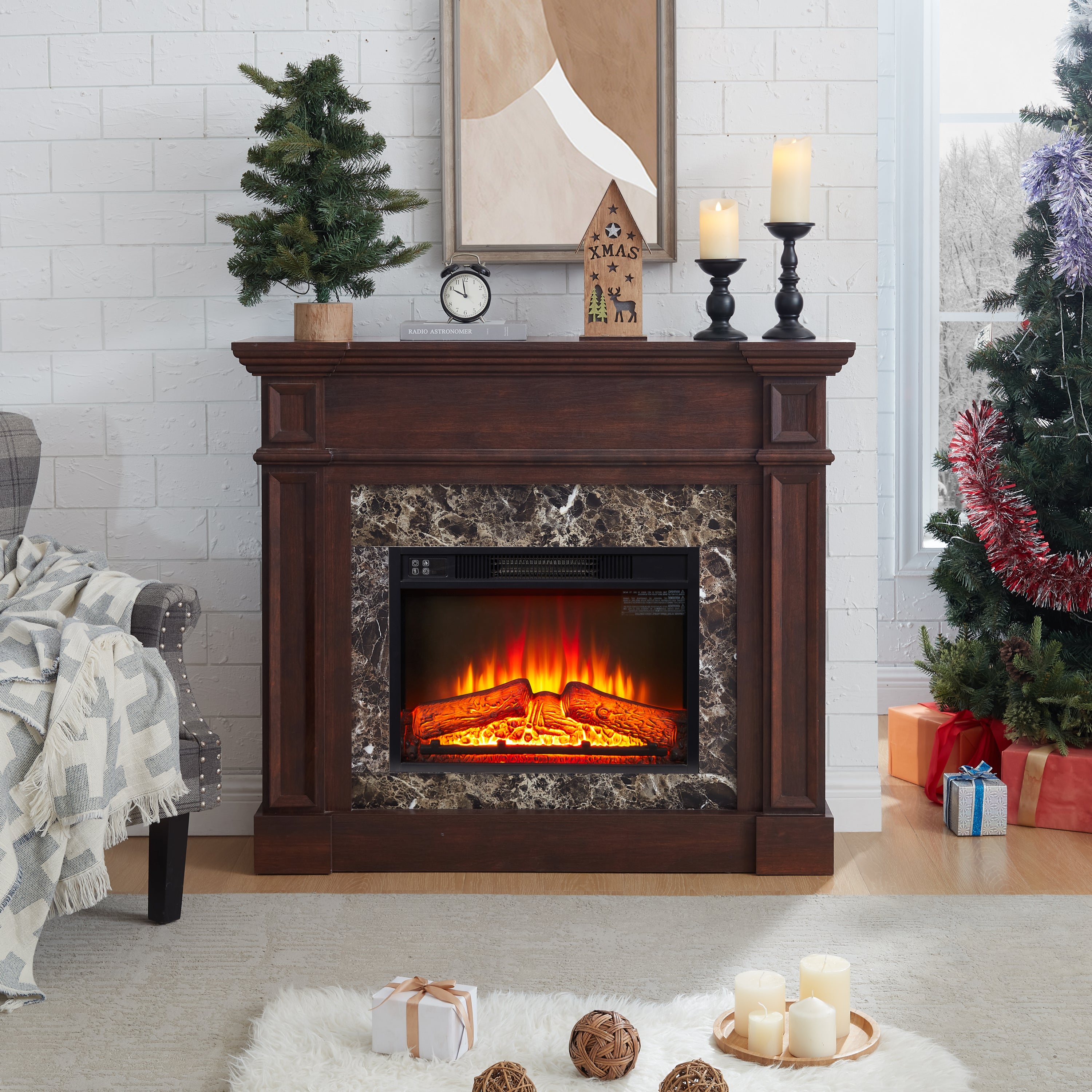 Electric Fireplace with Mantel, Fireplace Mantel, Fireplace Heater Freestanding, Realistic Stacked Stone Surround with Remote Control Timer LED Flame, Cherry, 45.66'W*11.8'D*40'H - Grand Goldman Shop