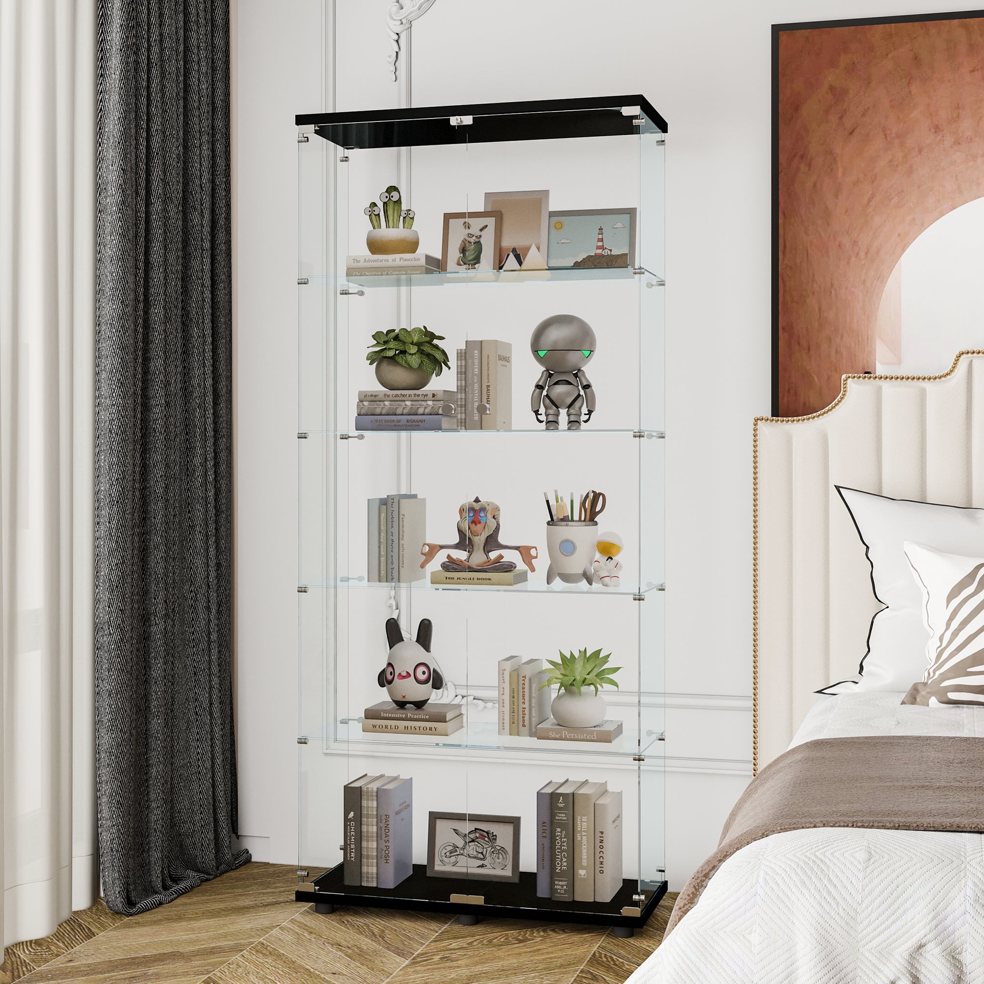 Glass Display Cabinet with 5 Shelves Double Door, Curio Cabinets for Living Room, Bedroom, Office, Black Floor Standing Glass