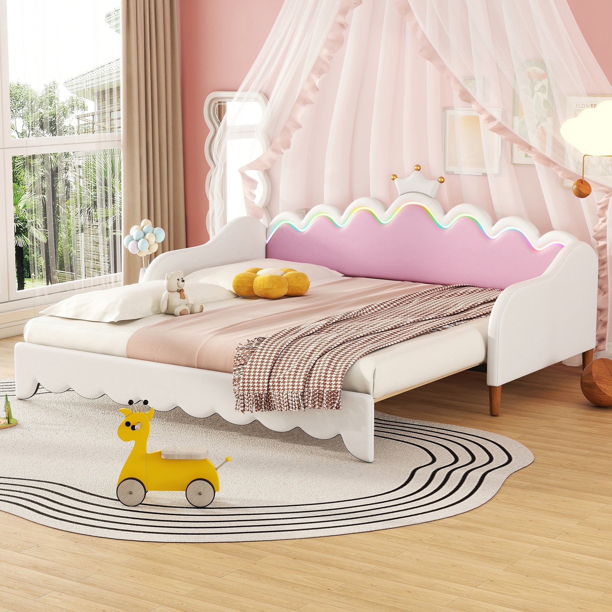 Twin Extending Daybed with LED Lights, Modern Upholstered Princess Daybed With Crown Headboard,White - Grand Goldman Shop