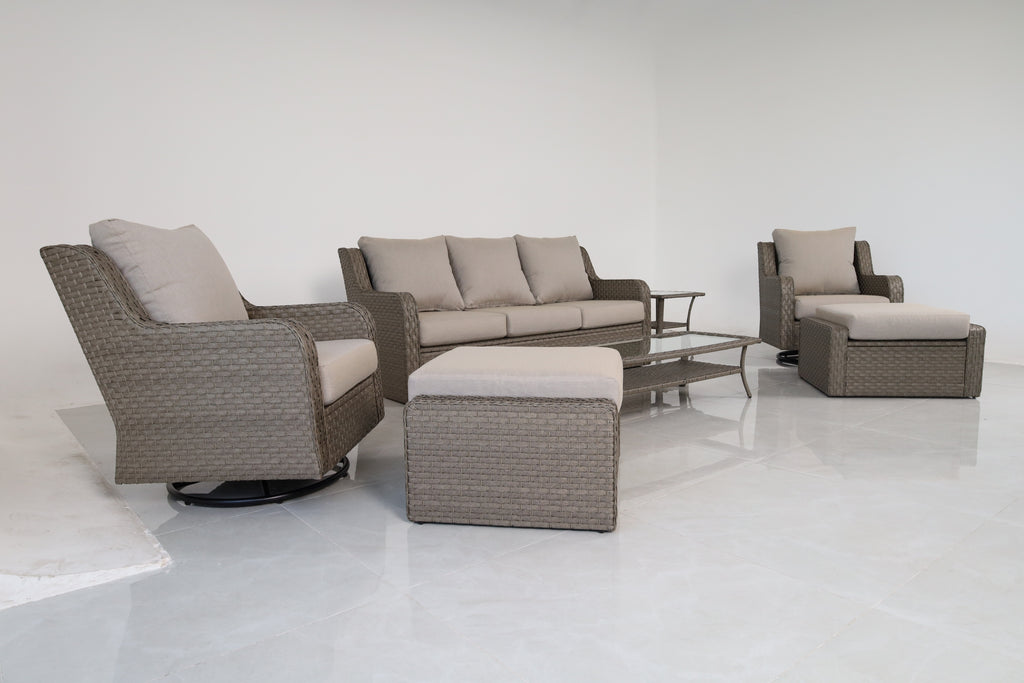 Premium 7-Piece Outdoor Rattan Patio Furniture Set – 3-Seater Sofa, 2 Swivel Club Chairs, 2 Ottomans, Coffee Table & End Table with Beige Cushions