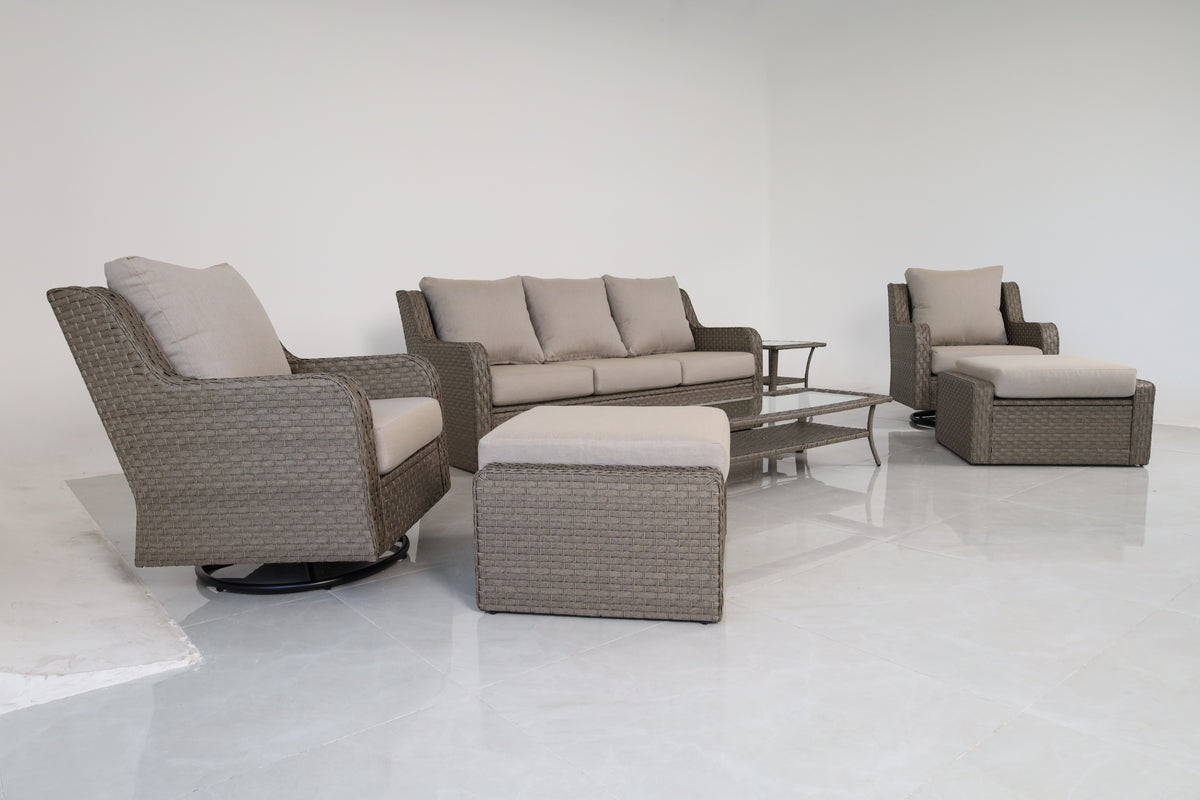 Premium 7-Piece Outdoor Rattan Patio Furniture Set – 3-Seater Sofa, 2 Swivel Club Chairs, 2 Ottomans, Coffee Table & End Table with Beige Cushions