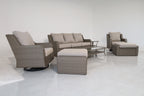 Premium 7-Piece Outdoor Rattan Patio Furniture Set – 3-Seater Sofa, 2 Swivel Club Chairs, 2 Ottomans, Coffee Table & End Table with Beige Cushions