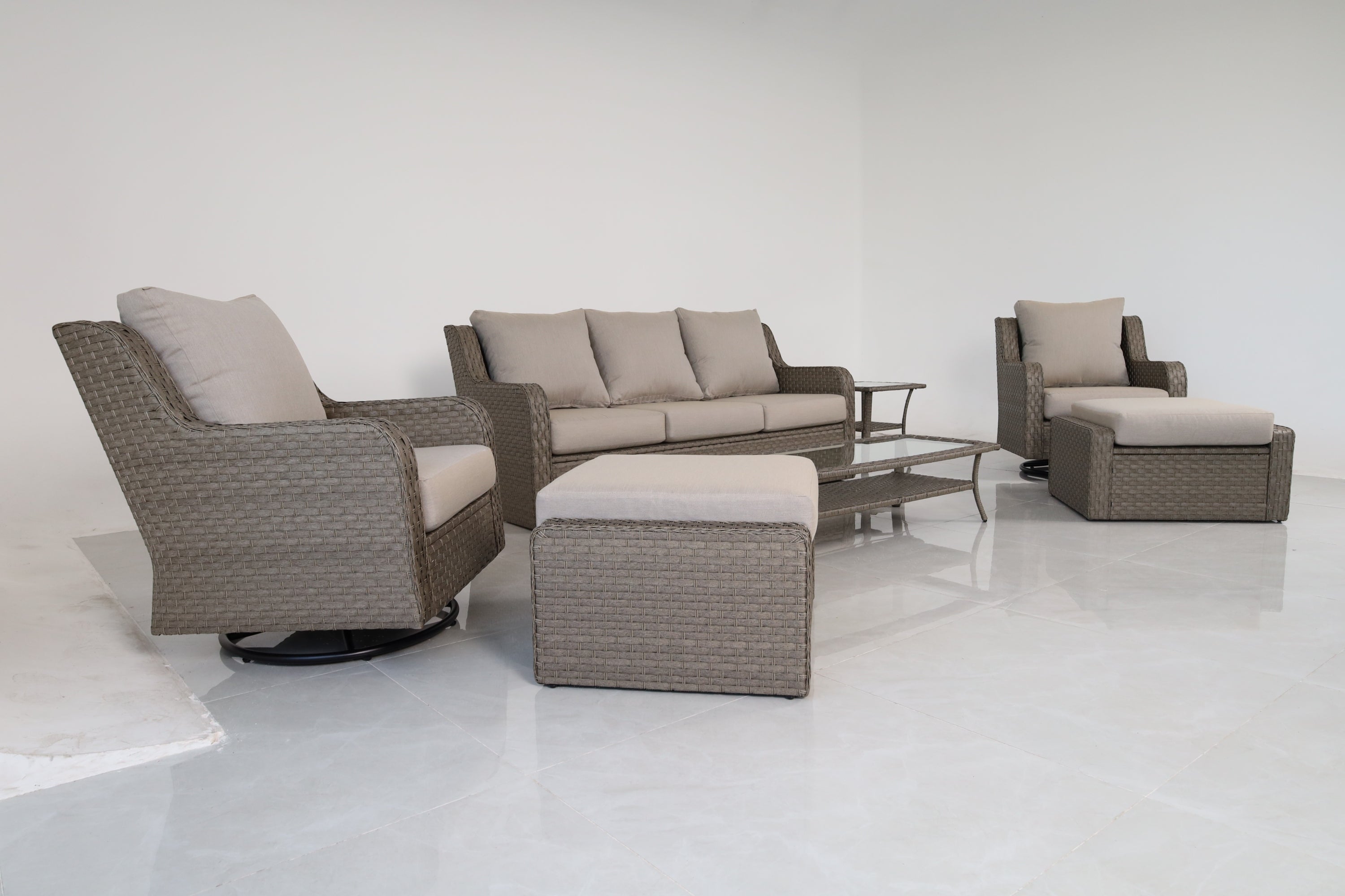 Premium 7-Piece Outdoor Rattan Patio Furniture Set – 3-Seater Sofa, 2 Swivel Club Chairs, 2 Ottomans, Coffee Table & End Table with Beige Cushions