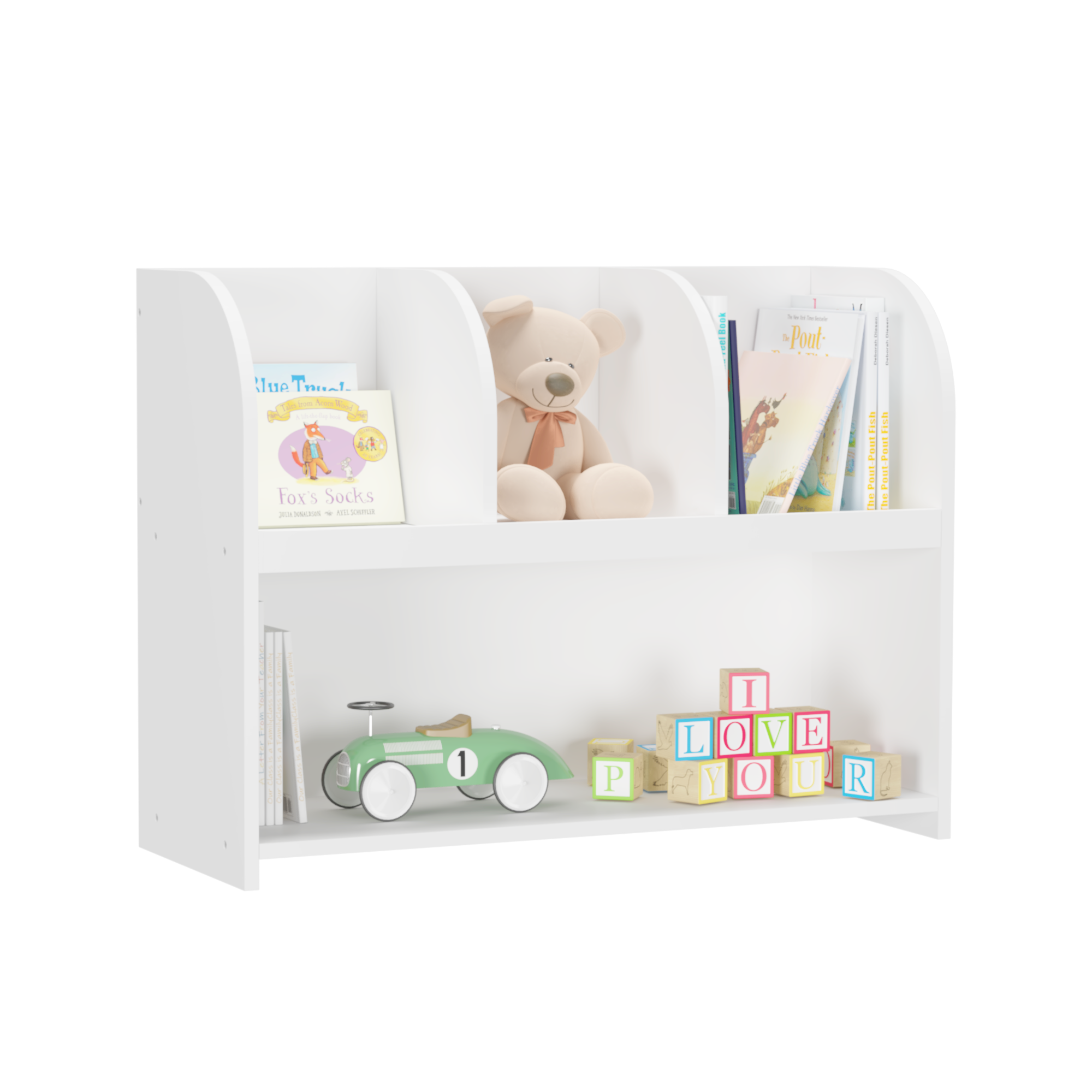 Kids Bookcase with 4 Compartments, White MDF Storage Shelf for Toys and Books, 31.5 x 11.8 x 23.6 inches - Grand Goldman