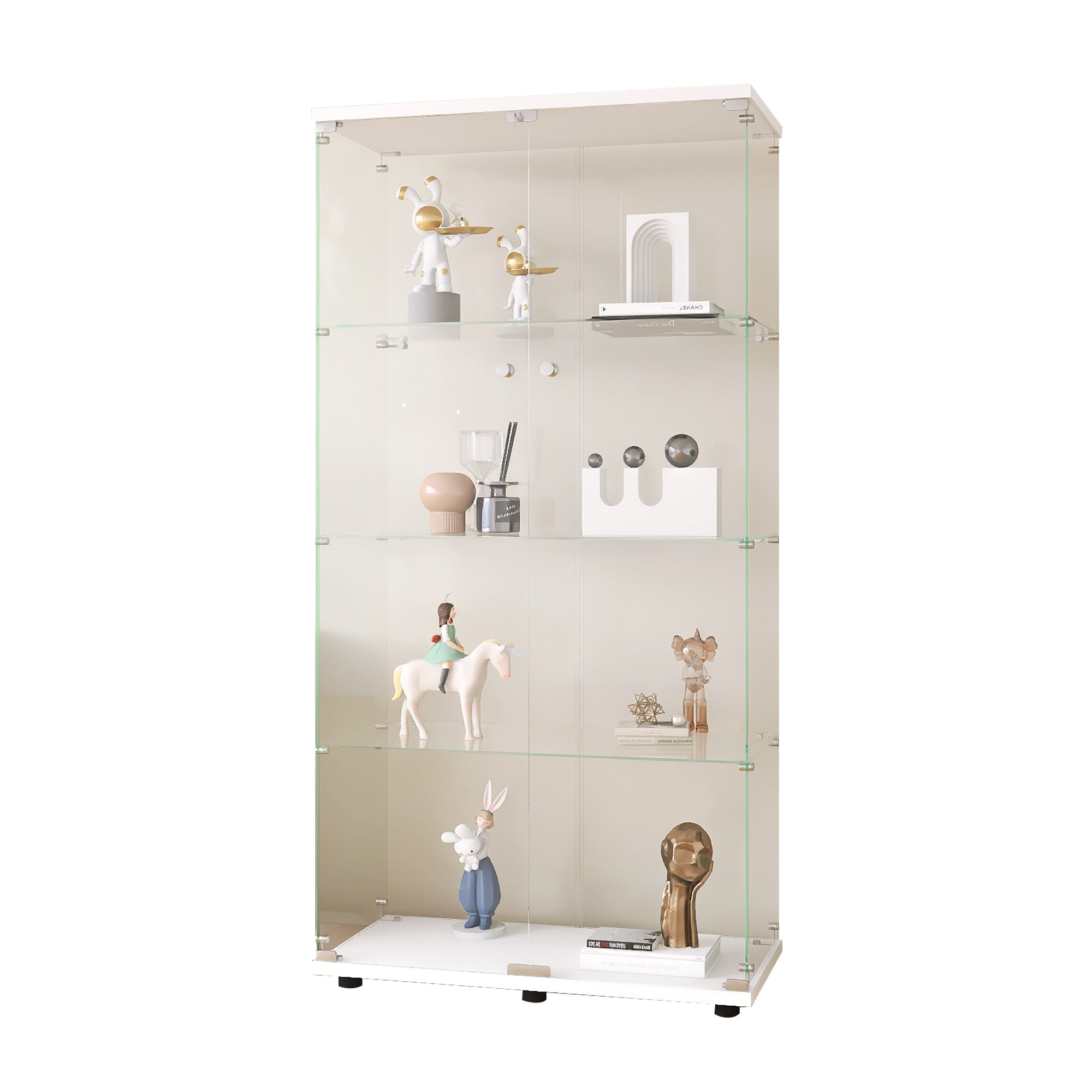 Two-door Glass Display Cabinet 4 Shelves with Door, Floor Standing Curio Bookshelf for Living Room Bedroom Office, 64.7'*31.7