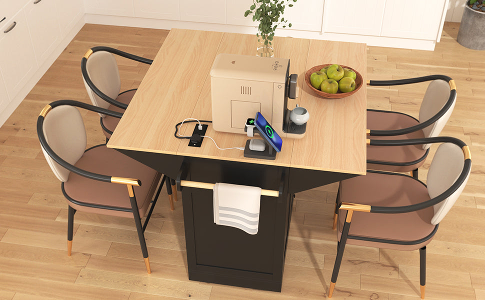 K&K 55.7'' Large Kitchen Island with 2 Drop Leaf,, Rolling Kitchen Cart on 5 Wheels with Power Outlet, Folding Storage Dining Table with Spice & Towel Rack , 3 Drawers, for Kitchen, Dining Room,Black - Grand Goldman Shop