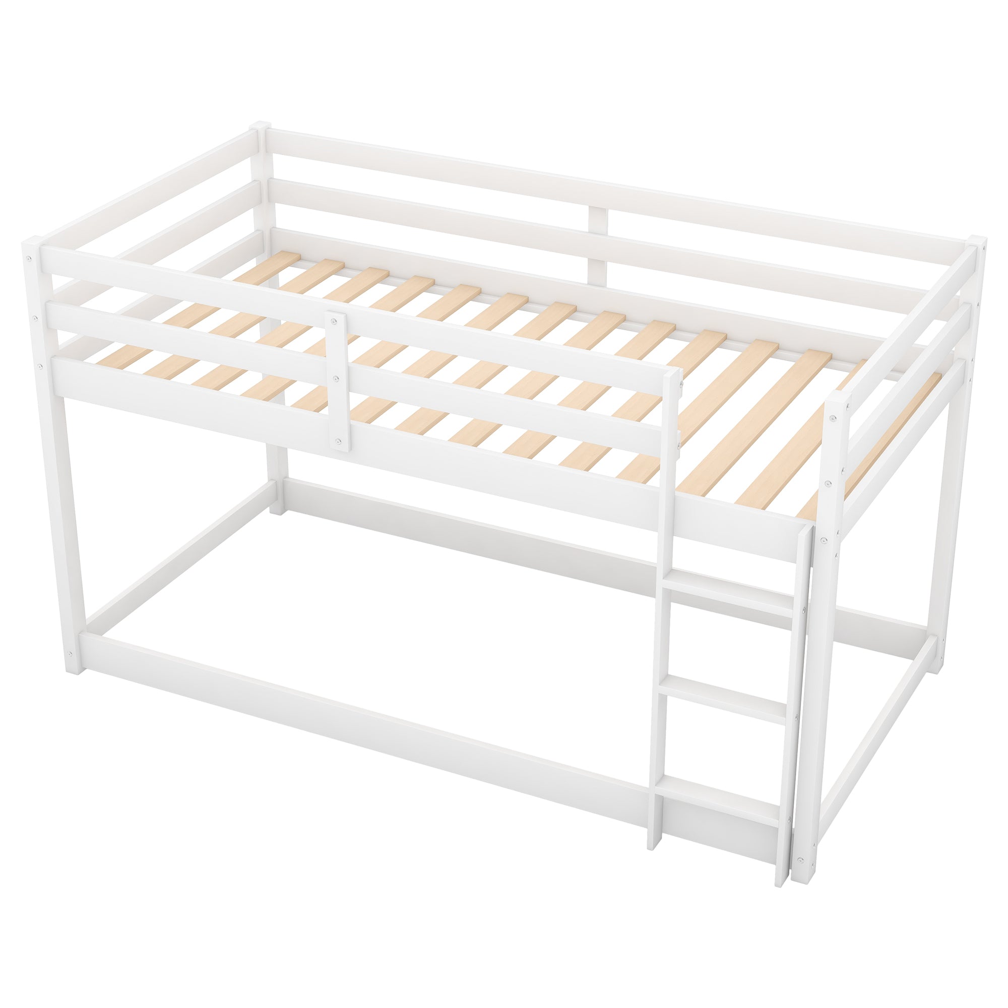White Twin Over Twin Floor Bunk Bed with Ladder, Solid Pine Wood, 79.1''L x 42''W x 46.5''H - Grand Goldman Shop