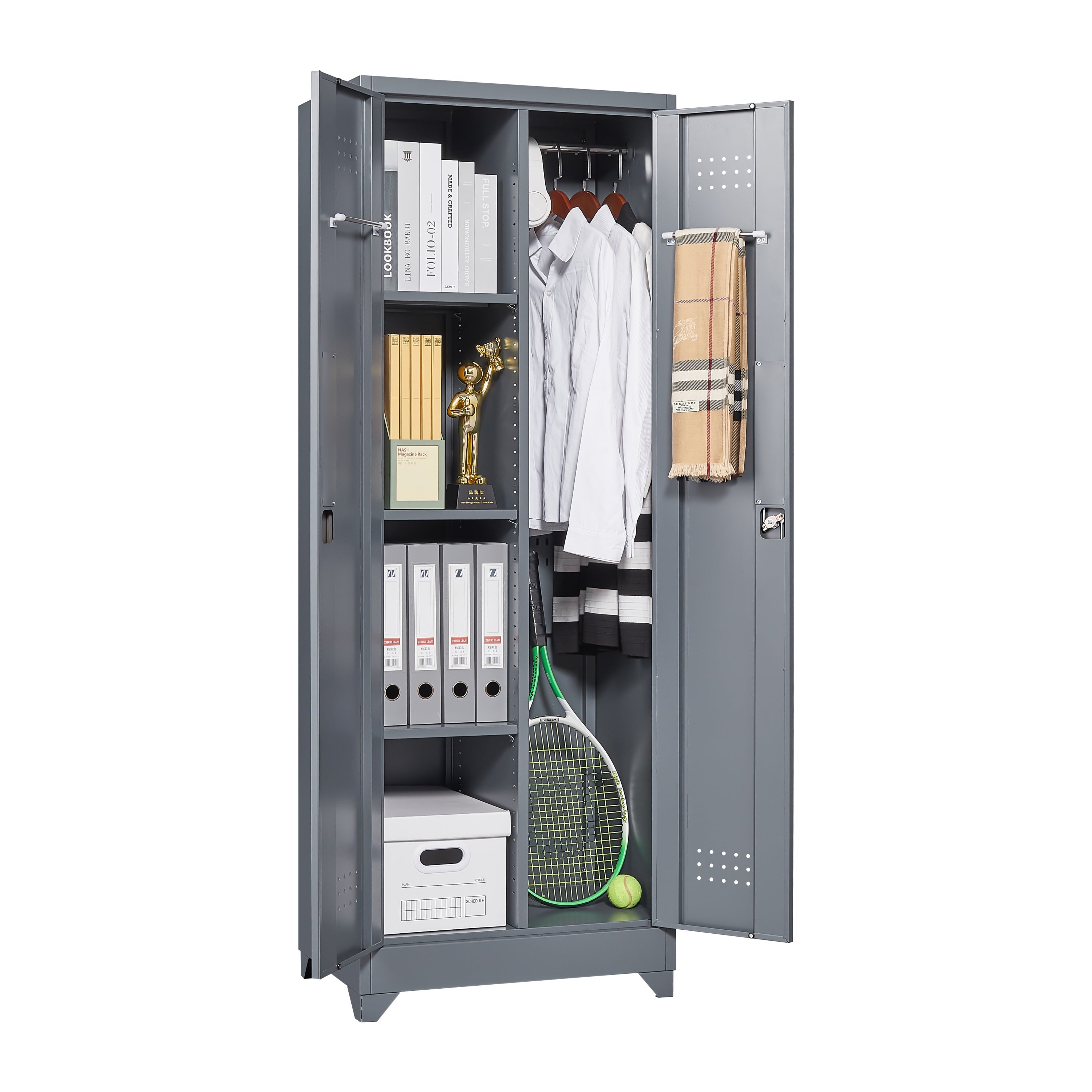 Grey Heavy Duty Metal Storage Cabinet with Locking Doors, Hanging Rod & Shelves, 65' H Broom Closet for Garage or Basement | 