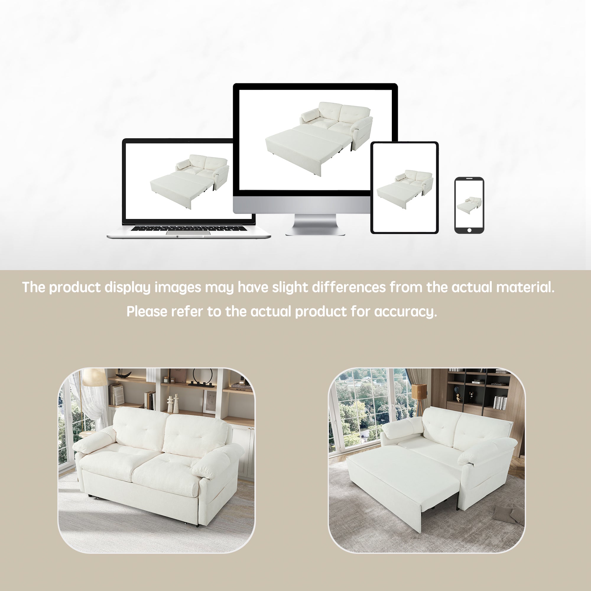 Convertible Pull-Out Queen Sleeper Sofa, 3-in-1 Loveseat with Side Storage & 8 Silent Casters, Beige Chenille Fabric, Fits Living Room, Bedroom, Apartment - Grand Goldman Shop