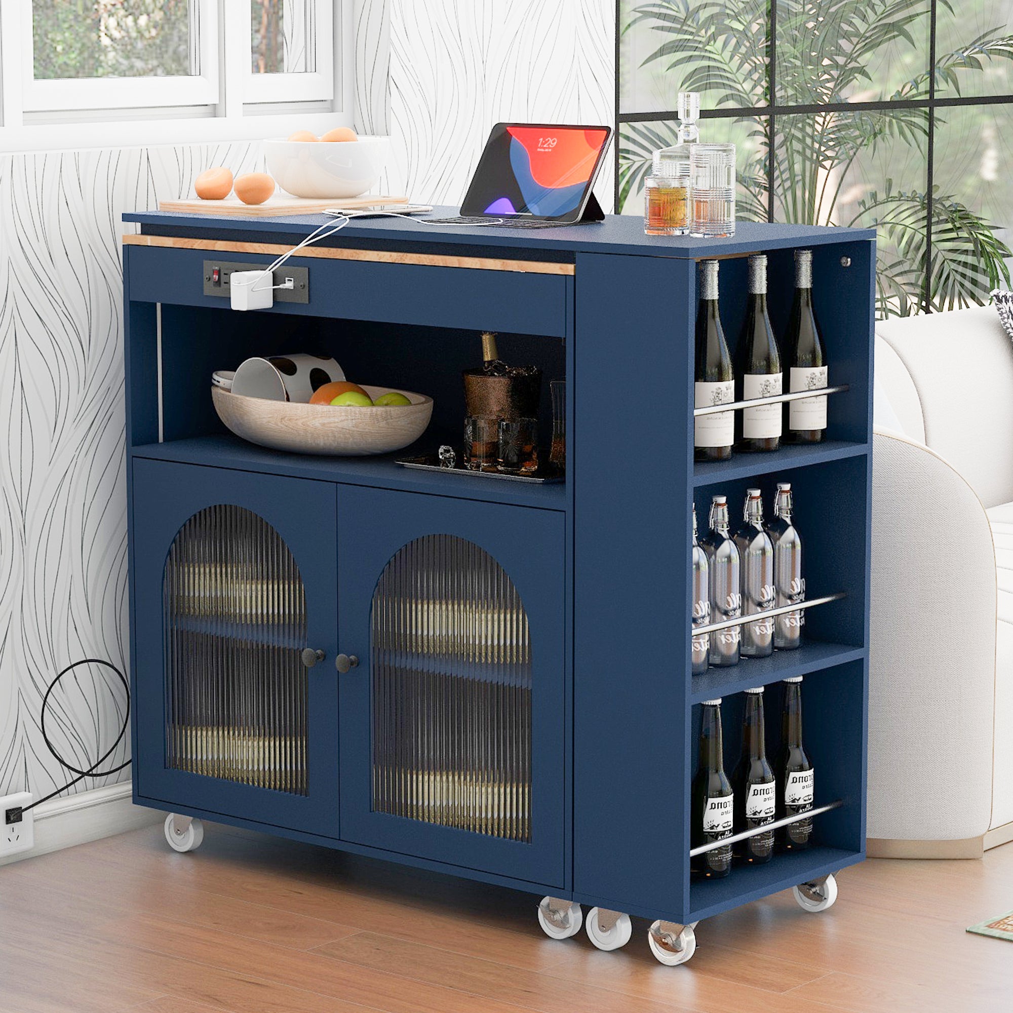K&K Rolling Kitchen Island With Extended Table, Kitchen Island on Wheels with LED Lights,Power Outlets and 2 Fluted Glass Doors, Kitchen Island with a Storage Compartment and Side 3 Open Shelves, Navy - Grand Goldman Shop