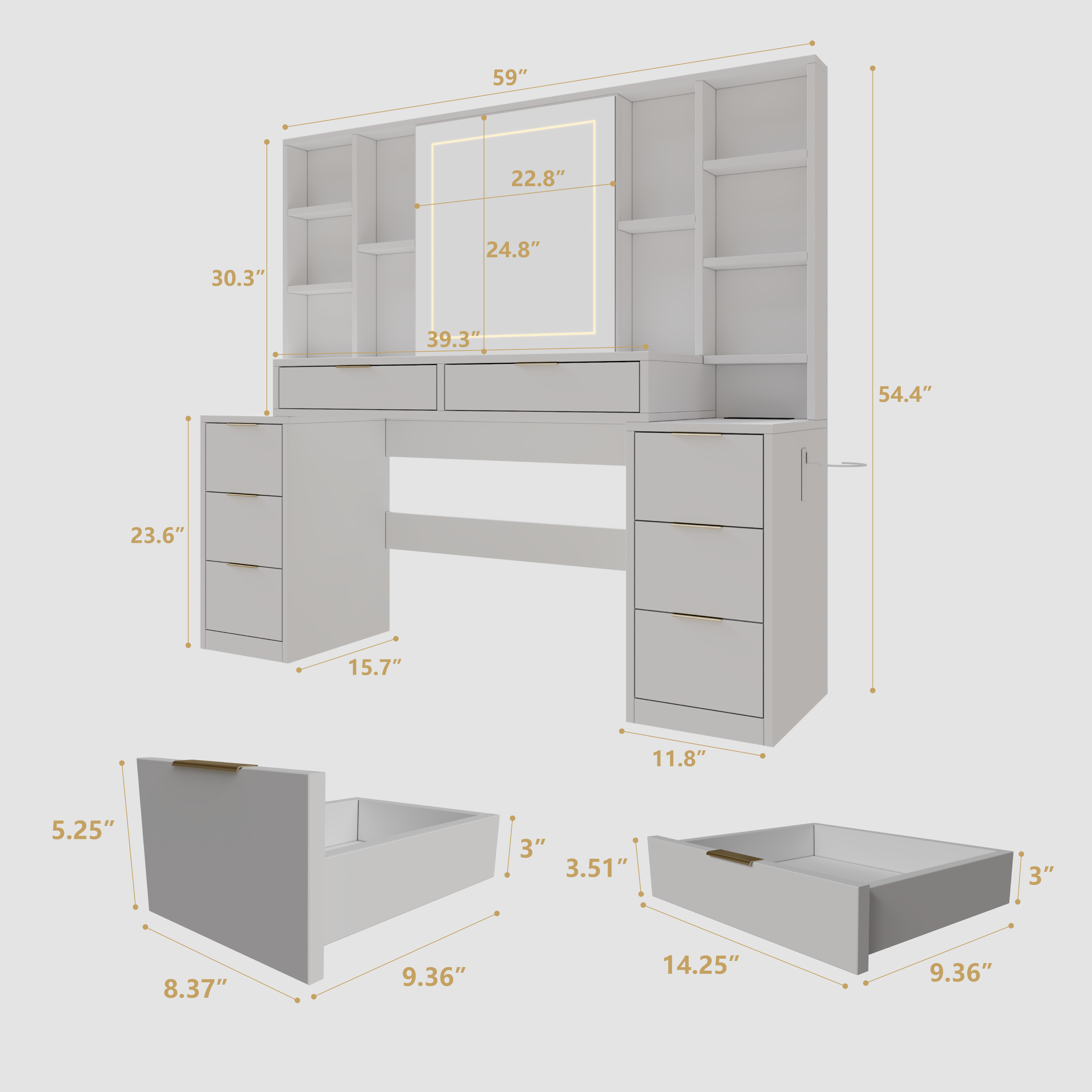 Makeup Vanity Desk with Mirror and Lights, 59' Large Vanity Table with 8Drawers & Open Storage Shelves, Brightness Adjustable, Dressing Table for Bedroom, Women and Girl - Grand Goldman Shop
