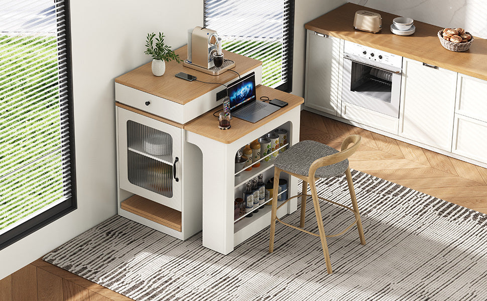 K&K 59.5' Kitchen Island with Extendable Dining Table, Kitchen Storage Table with Double-sided Storage, Kitchen Island with 2 Drawers, Power Outlet, Side Open Shelves, for Kitchen, Dining Room, White - Grand Goldman Shop