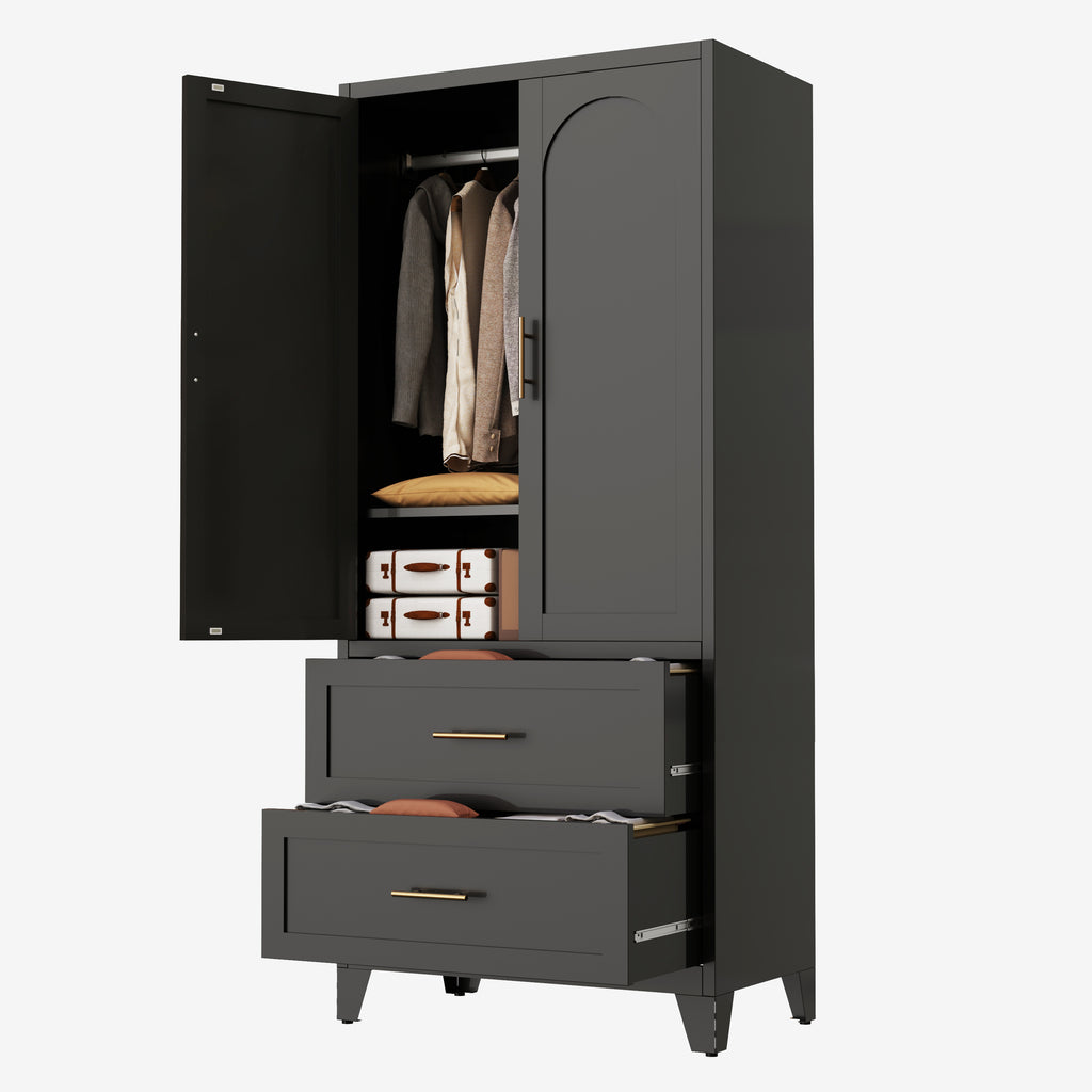 71' Tall Metal Wardrobe Cabinet with 2 Drawers and Hanging Rod, 2 Doors Wardrobe Closet with Shelf for Bedroom, Office, Laundry Room,Entryway ,Foyer,Guesthouse (Black) - Grand Goldman Shop
