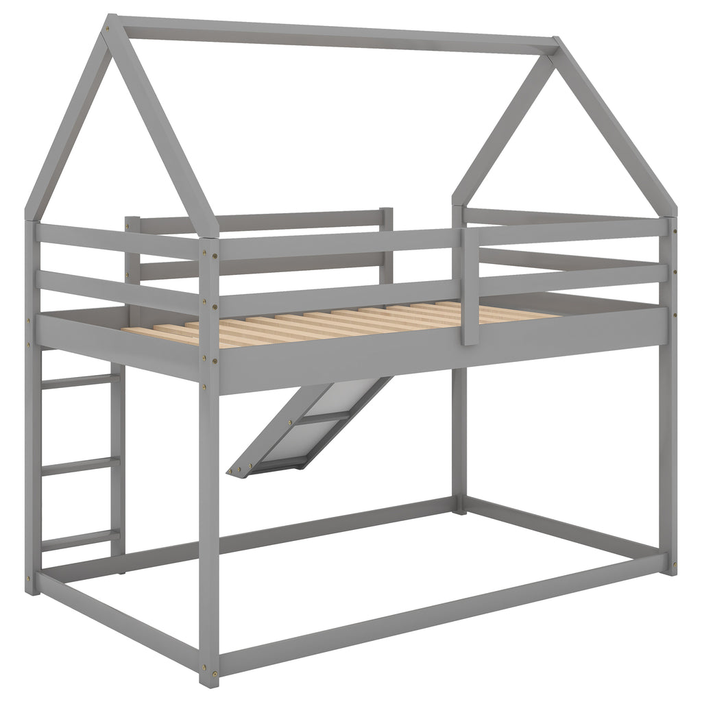 Gray House-Shape Twin Over Twin Bunk Bed with Slide and Ladder, Pine Wood and MDF, 77.4''L x 41.7''W x 70.9''H - Grand Goldman Shop