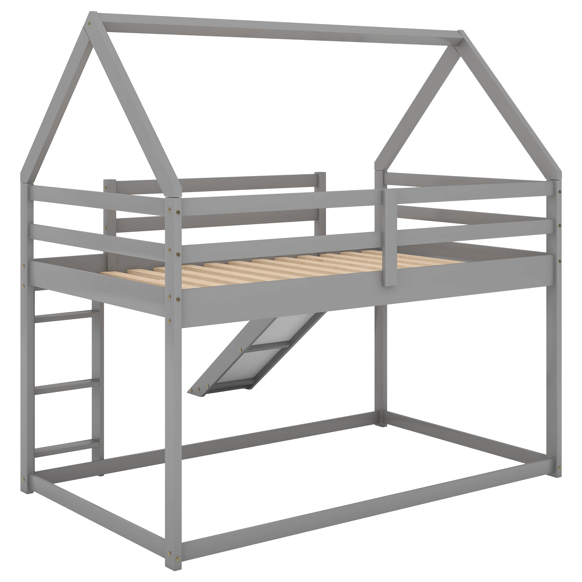 Gray House-Shape Twin Over Twin Bunk Bed with Slide and Ladder, Pine Wood and MDF, 77.4''L x 41.7''W x 70.9''H - Grand Goldman Shop