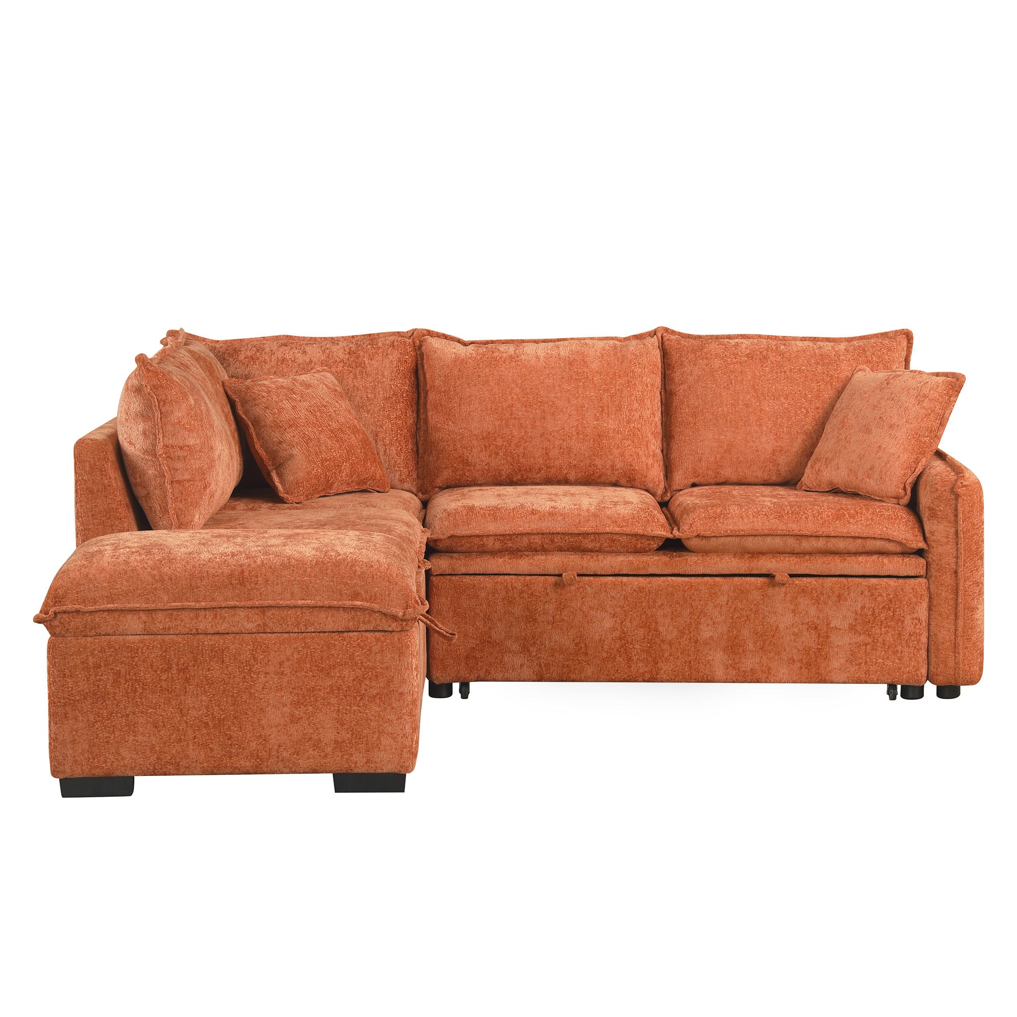Convertible L-shaped Sofa Bed with Storage Ottoman, Power Sockets & USB Ports, Orange Chenille, 82.67' - Grand Goldman Shop