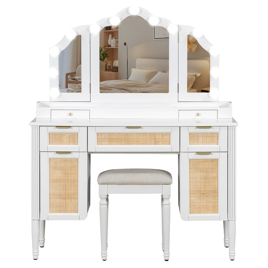 44.37 ' Makeup Vanity Desk with 13 Hollywood Bulbs and 3 Lighting Modes, Dressing Table with Tri-Fold Mirror   Large Vanity Table with 5 Drawers and Shelves and  Charging Station for Bedroom, White - Grand Goldman Shop