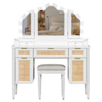 44.37 ' Makeup Vanity Desk with 13 Hollywood Bulbs and 3 Lighting Modes, Dressing Table with Tri-Fold Mirror   Large Vanity Table with 5 Drawers and Shelves and  Charging Station for Bedroom, White - Grand Goldman Shop