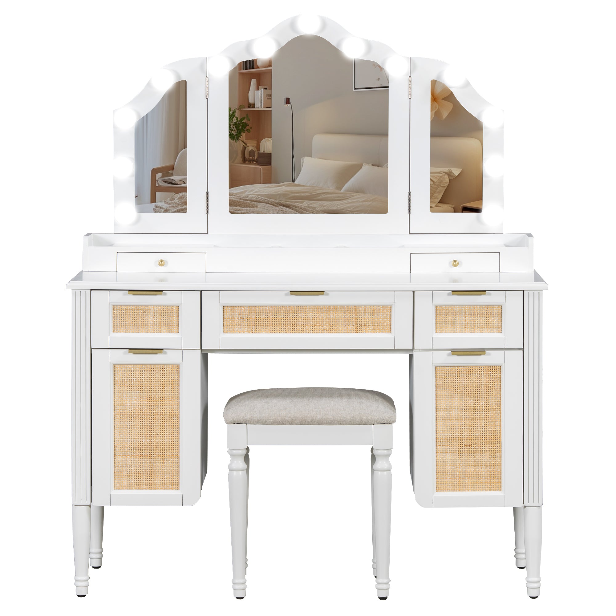 44.37 ' Makeup Vanity Desk with 13 Hollywood Bulbs and 3 Lighting Modes, Dressing Table with Tri-Fold Mirror   Large Vanity Table with 5 Drawers and Shelves and  Charging Station for Bedroom, White - Grand Goldman Shop
