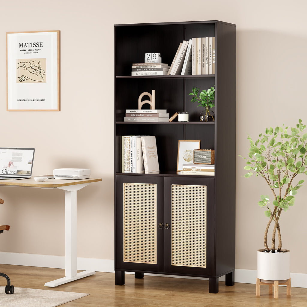 Tall Bookcase with Rattan Doors,5 Tier Storage Wood Shelves Large Bookshelf for Library Living Room Bedroom Home Office,Walnu