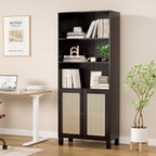 Tall Bookcase with Rattan Doors,5 Tier Storage Wood Shelves Large Bookshelf for Library Living Room Bedroom Home Office,Walnu