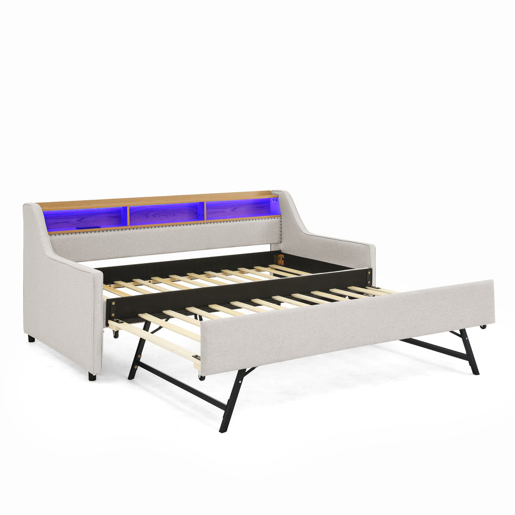 Beige Linen Upholstered Twin Sofa Bed with LED Lights, Wireless Charging, Adjustable Headboard Storage & Foldable Trundle, 80.5''x46''x34'' - Grand Goldman Shop