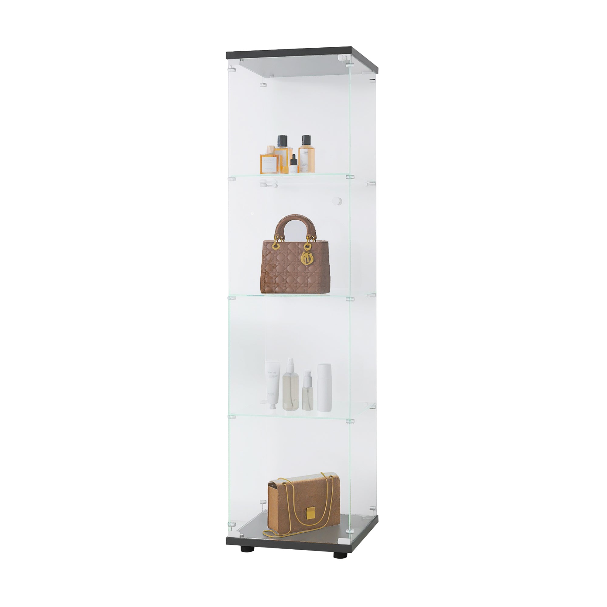 Glass Display Cabinet 4 Shelves with Door, Floor Standing Curio Bookshelf for Living Room Bedroom Office, 64.7'*16.7'*14.3', 