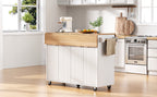 K&K 55.5' Fluted Kitchen Island with 2 Drop Leaf, Kitchen Storage Cart with Power Outlet, 4 Doors, Spice rack, Rolling Island Table with Wood-grain Top, Curved Edge for Kitchen, Dining Room,White - Grand Goldman Shop