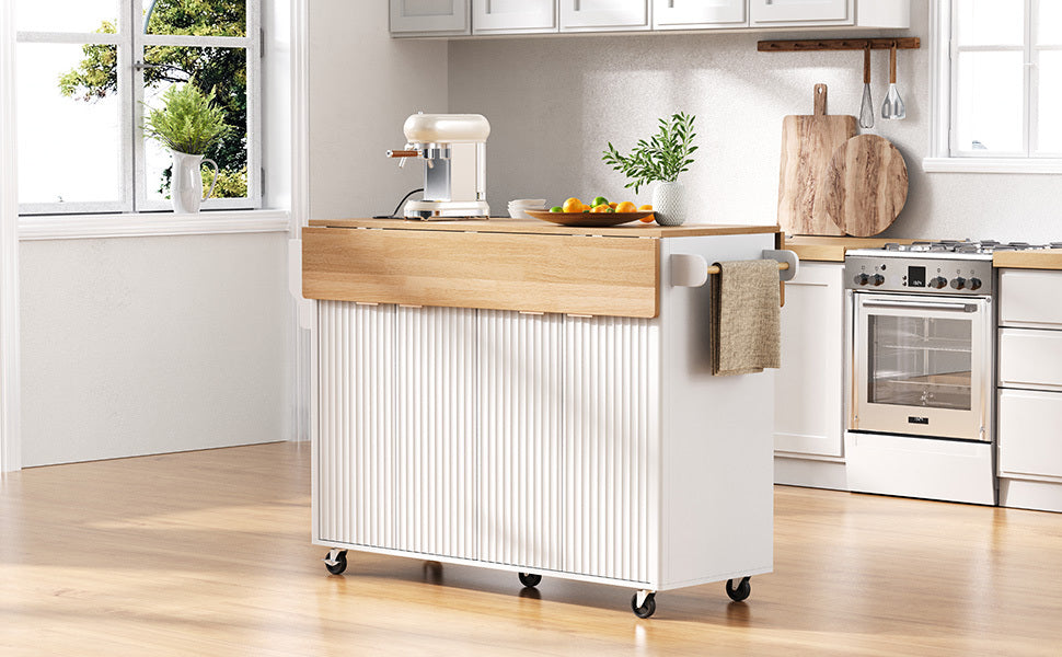 K&K 55.5' Fluted Kitchen Island with 2 Drop Leaf, Kitchen Storage Cart with Power Outlet, 4 Doors, Spice rack, Rolling Island Table with Wood-grain Top, Curved Edge for Kitchen, Dining Room,White - Grand Goldman Shop