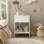 White Nightstand with Drawer and Open Shelf, Modern Wave Pattern Bedside Table, Solid Wood Frame End Table for Bedroom, Living Room, Small Spaces - Grand Goldman Shop