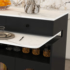 Retro Kitchen Island with Extendable Rotating Table, Black Marble Veneer on MDF, 4 Drawers & Glass Door Cabinets, Built-in Socket, Fits 2-4 People - Grand Goldman Shop
