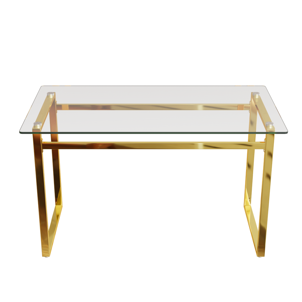 Modern Minimalist Rectangular Glass Dining Table with Tempered Glass Tabletop and Golden Chrome Metal Legs for 4-6 - Grand Goldman Shop