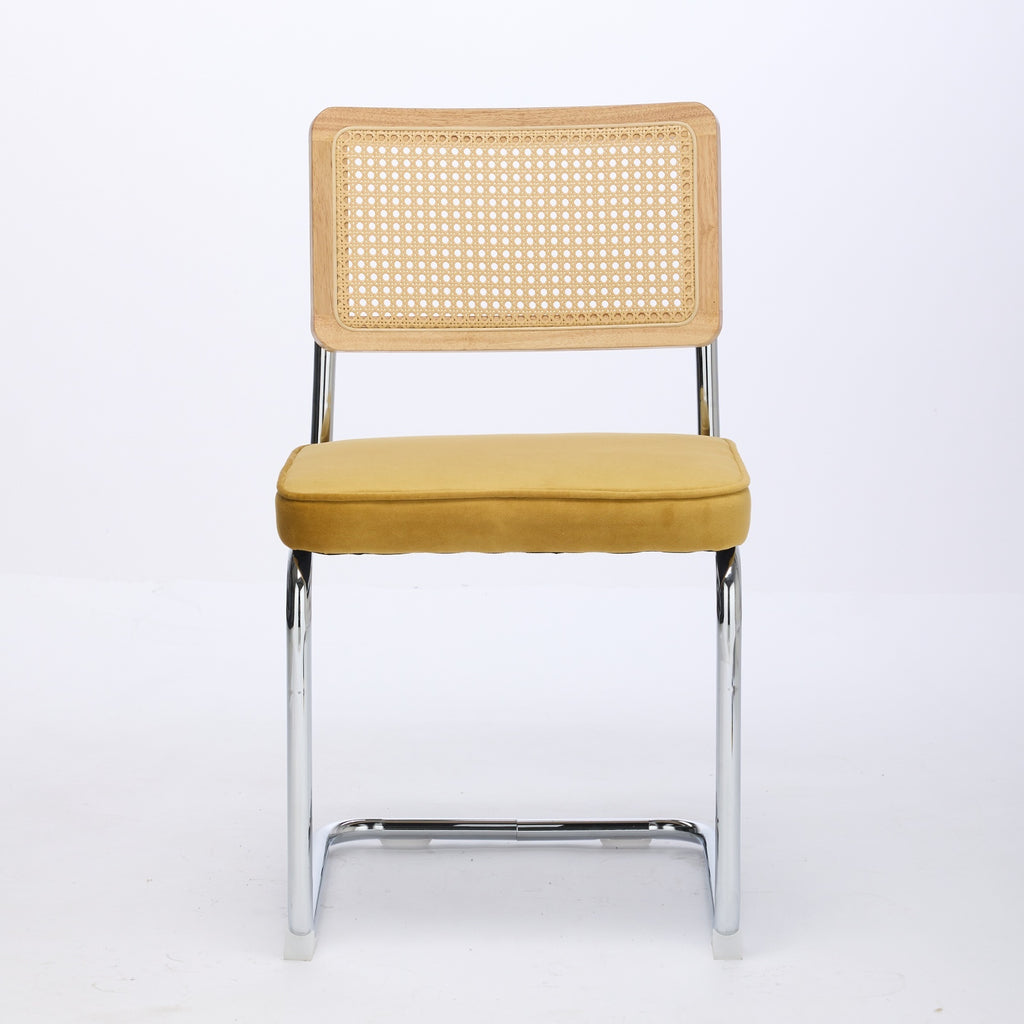 Mid Century Modern Dining Chairs Set of 2, Velvet Accent Chairs with Natural Cane Back & Stainless Chrome Base, Famous Breuer Designed Chairs, Upholstered Rattan Kitchen Chairs,Golden - Grand Goldman Shop