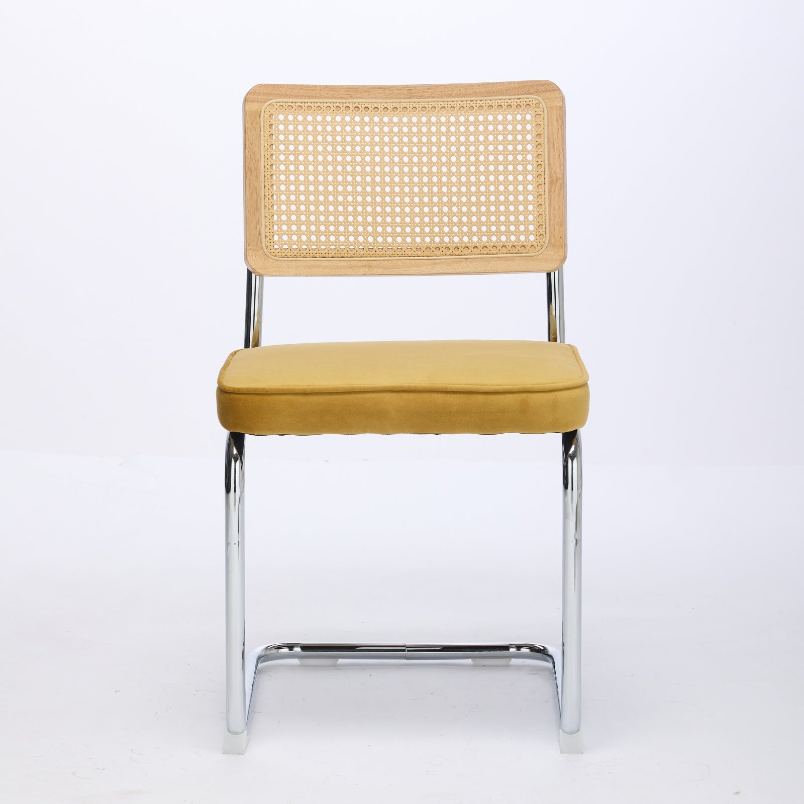 Mid Century Modern Dining Chairs Set of 2, Velvet Accent Chairs with Natural Cane Back & Stainless Chrome Base, Famous Breuer Designed Chairs, Upholstered Rattan Kitchen Chairs,Golden - Grand Goldman Shop