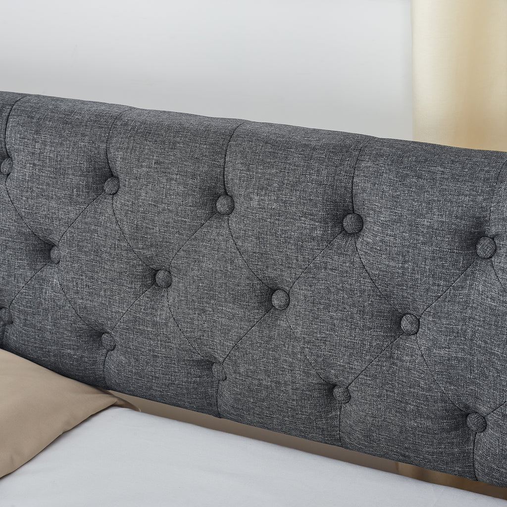 Twin Size Upholstered Daybed with Trundle and Drawers, Dark Gray Linen, Flat Arms, Extendable for Bedroom or Living Room - Grand Goldman Shop