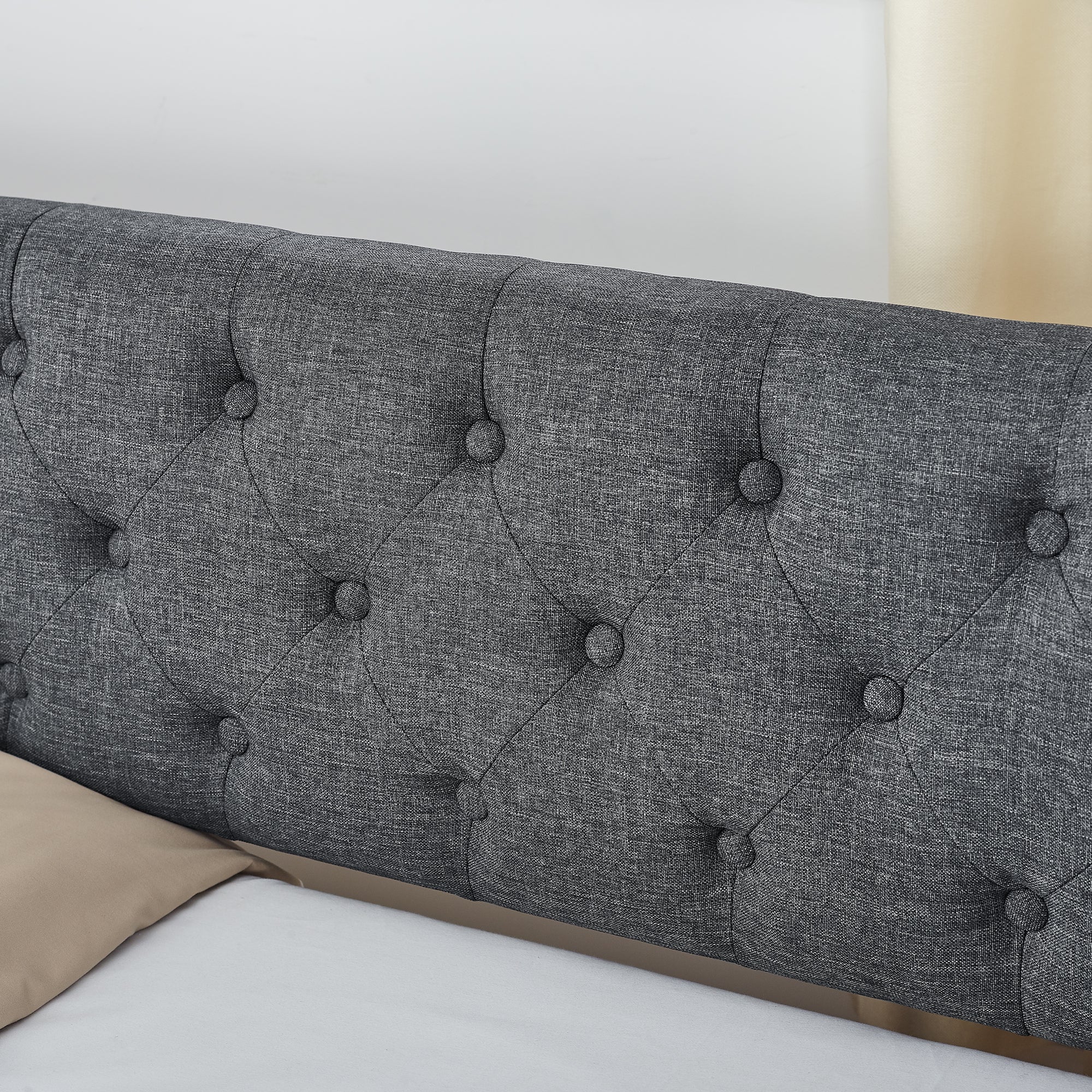 Twin Size Upholstered Daybed with Trundle and Drawers, Dark Gray Linen, Flat Arms, Extendable for Bedroom or Living Room - Grand Goldman Shop