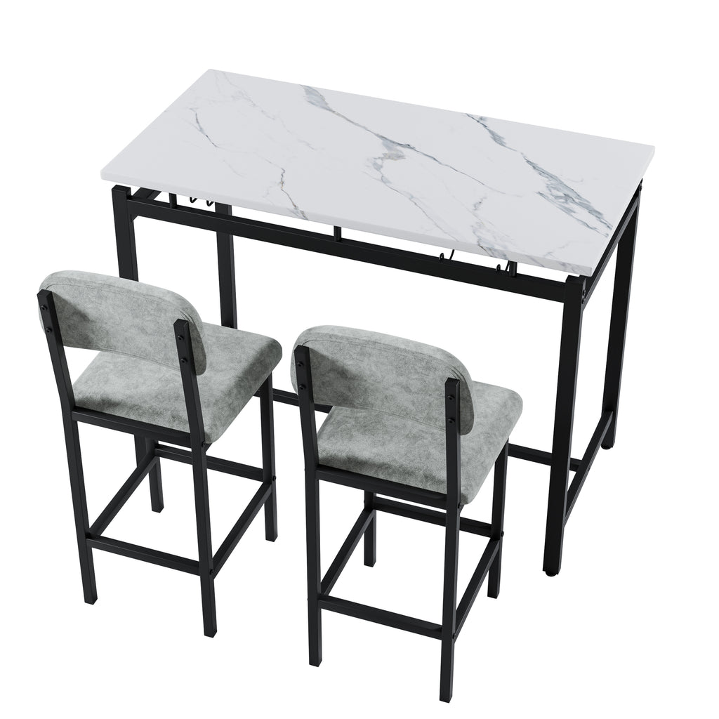 Modern Dining Table and Chairs for 2, Marble Finishes Dining Table Set with 2 Upholstered Chairs, Kitchen Table Set Bar Pub Set for Breakfast Nook, Dining Room, Rustic Black, Grey Chair - Grand Goldman Shop
