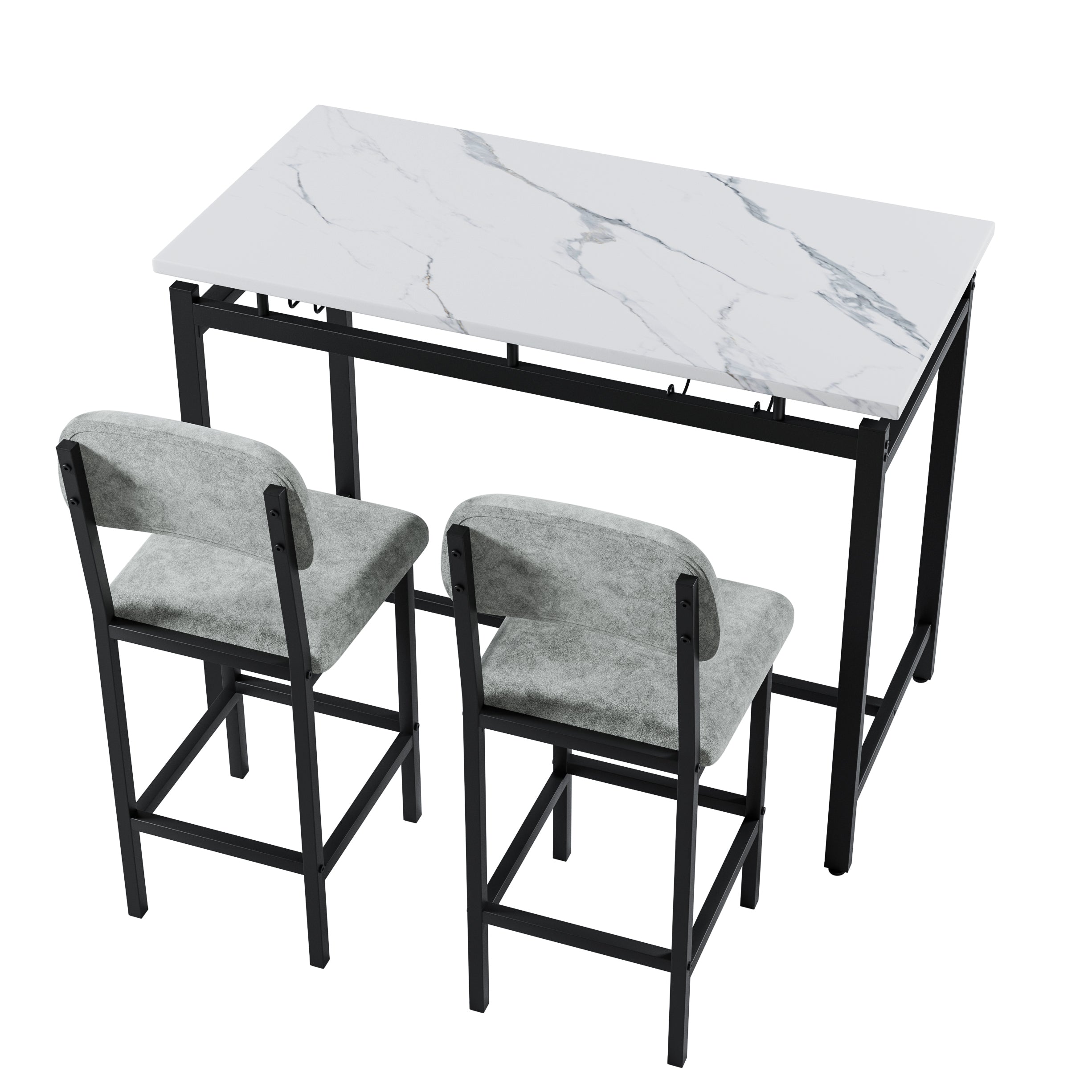 Modern Dining Table and Chairs for 2, Marble Finishes Dining Table Set with 2 Upholstered Chairs, Kitchen Table Set Bar Pub Set for Breakfast Nook, Dining Room, Rustic Black, Grey Chair - Grand Goldman Shop