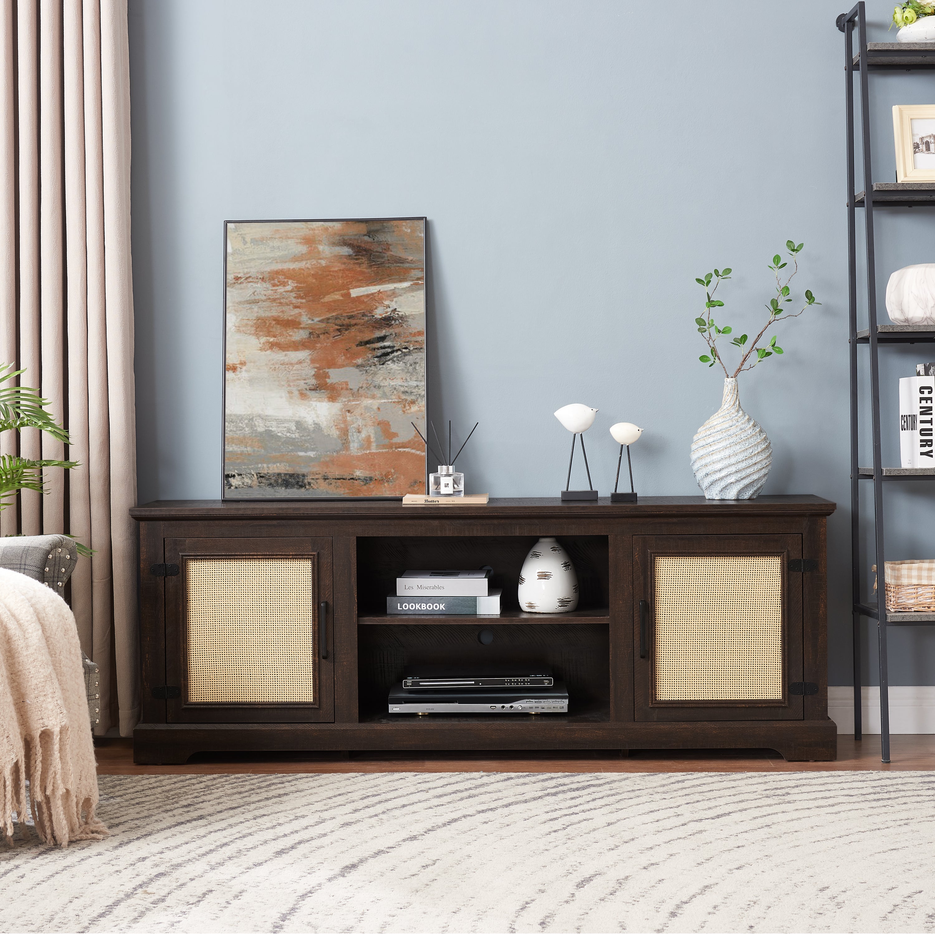 Farmhouse Rattan TV Stand Console Table for TVs up to 70 Inches, TV Console Table with 2 Storage Shelves, 2 Natural Rattan Door Cabinets, 65'W*15.55'D*23.86'H, Espresso - Grand Goldman Shop