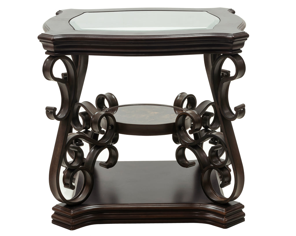 End table,  Glass table top, MDF W/marble paper middle shelf, powder coat finish metal legs. (26.3'Lx26.3'Wx24'H) - Grand Goldman Shop