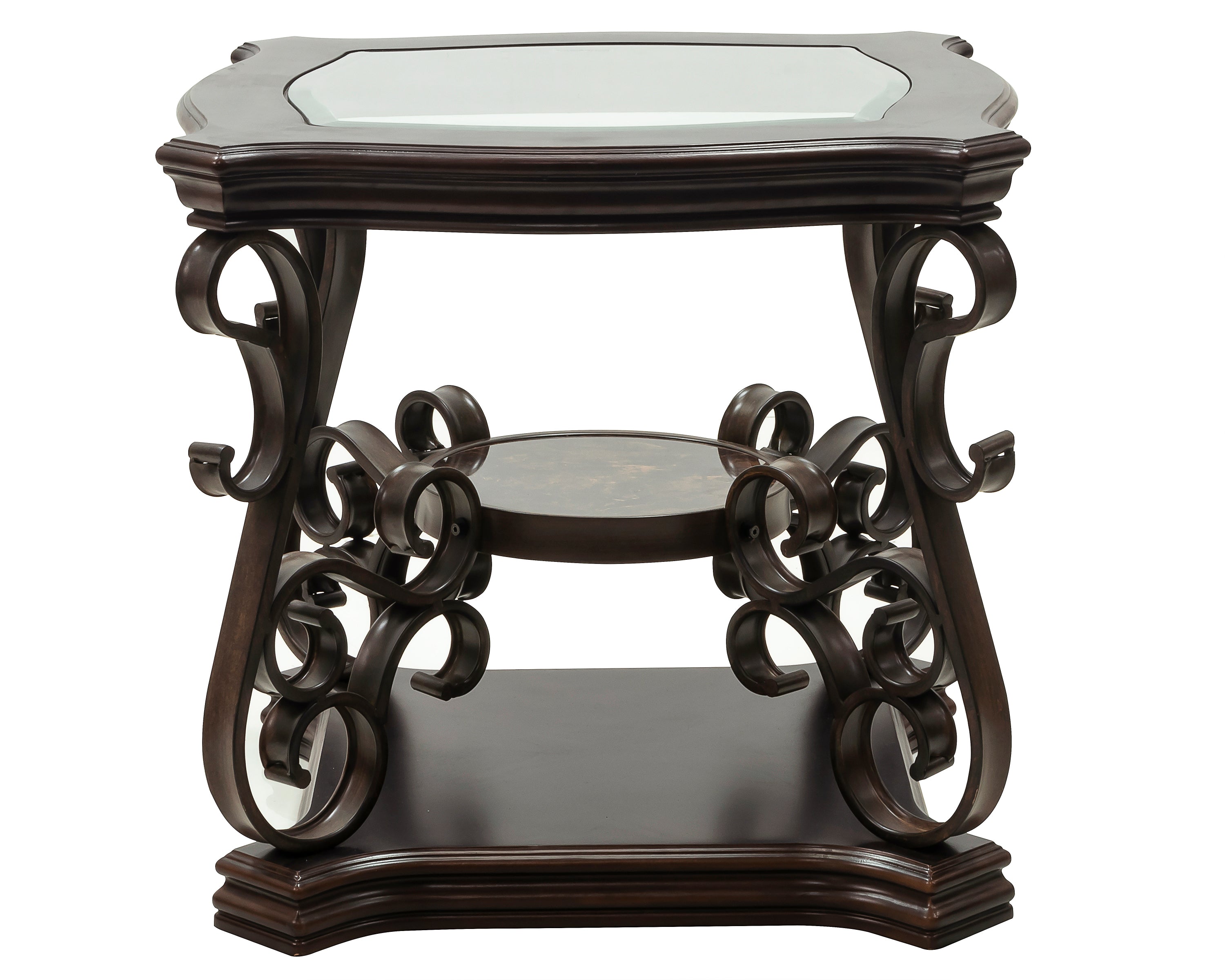 End table,  Glass table top, MDF W/marble paper middle shelf, powder coat finish metal legs. (26.3'Lx26.3'Wx24'H) - Grand Goldman Shop