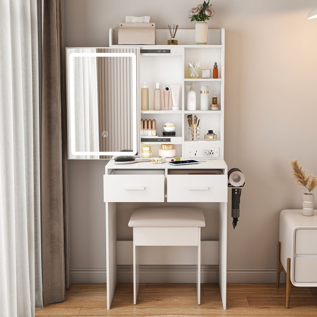 Space-Saving White Makeup Vanity Desk with Mirror & Adjustable LED Lights, Built-in Power Outlet, Hidden Storage, Includes Stool & Shelf - Grand Goldman Shop