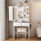 Space-Saving White Makeup Vanity Desk with Mirror & Adjustable LED Lights, Built-in Power Outlet, Hidden Storage, Includes Stool & Shelf - Grand Goldman Shop