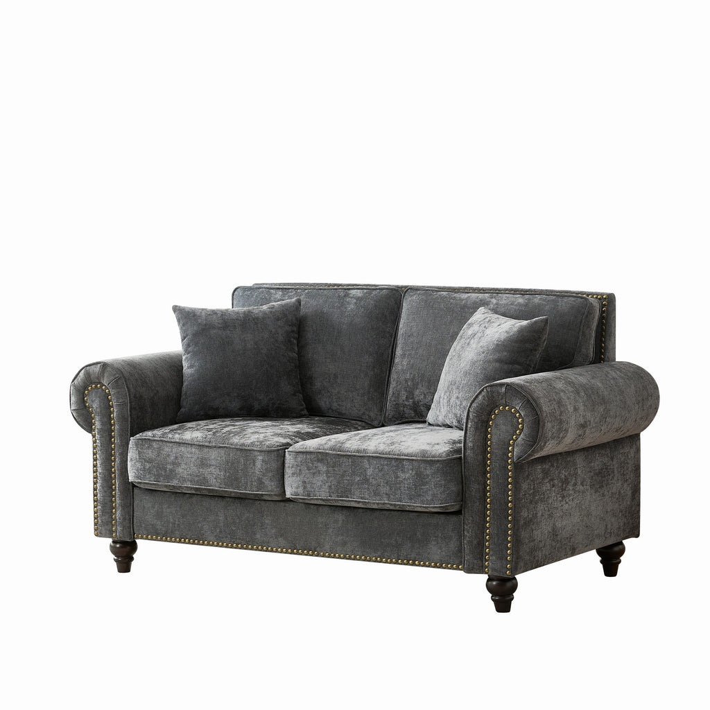 Modern 2-Seater Sofa with Rolled Arms, Tufted Upholstered Couch in Gray Fabric, 63 Inches - Grand Goldman Shop