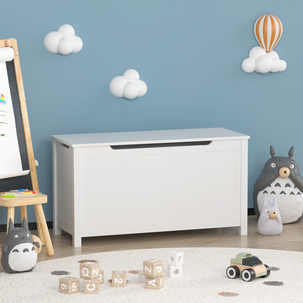 Kids Wooden Toy Box Storage with Safety Hinged Lid for Ages 2+ (White) - Grand Goldman