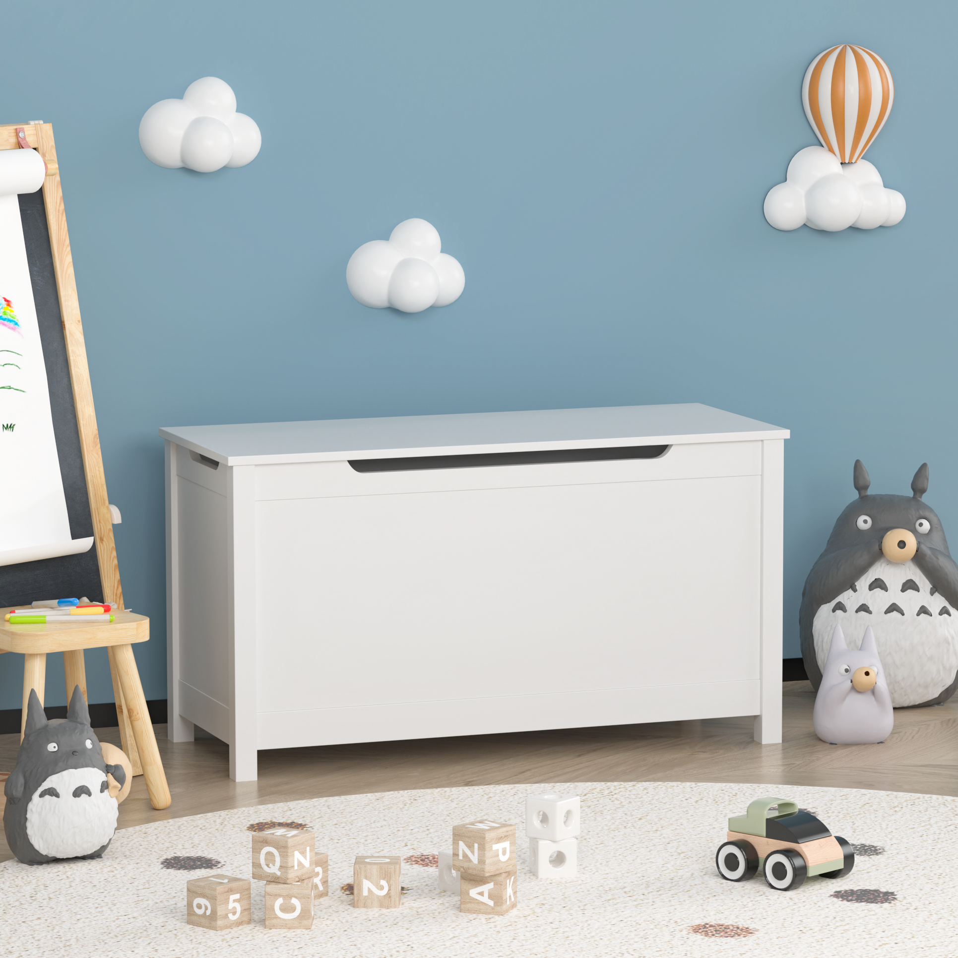 Kids Wooden Toy Box Storage with Safety Hinged Lid for Ages 2+ (White) - Grand Goldman