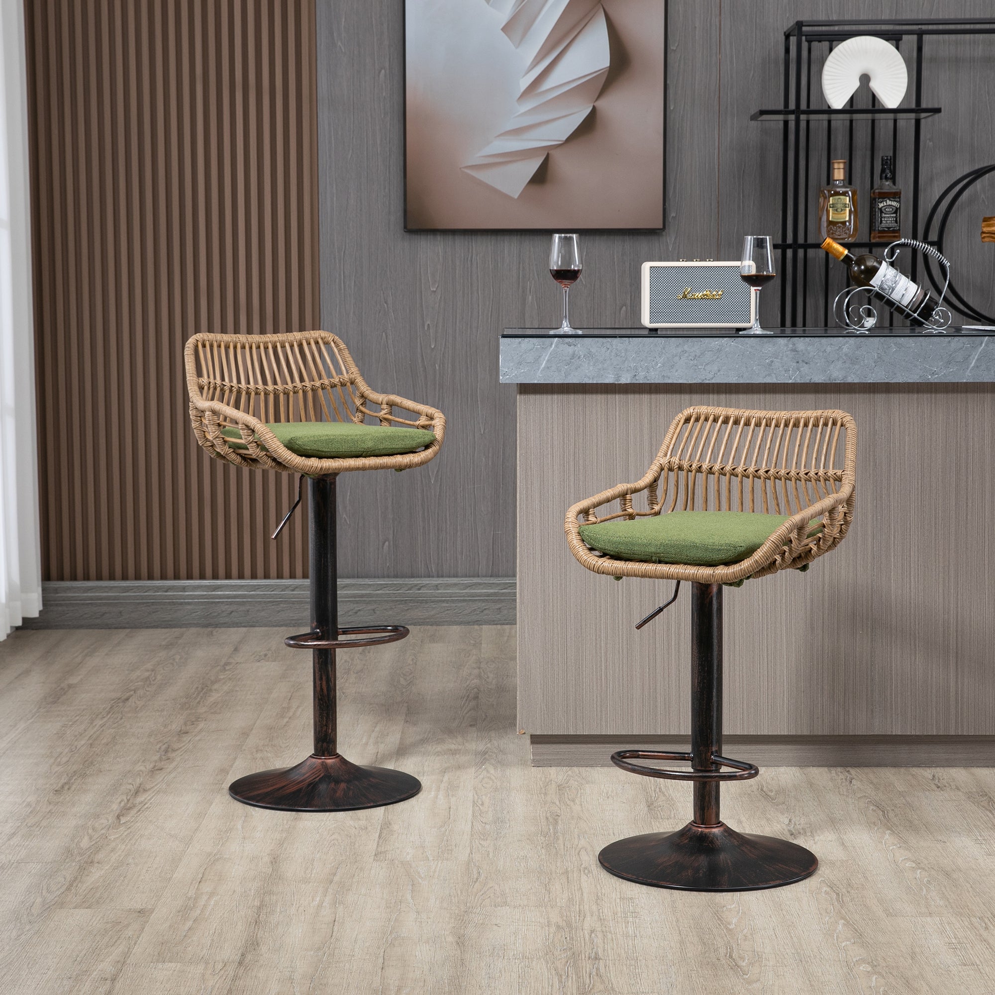 COOLMORE Modern Swivel Bar Stools Set of 2 with Adjustable Height and Footrest in Green Linen - Grand Goldman Shop