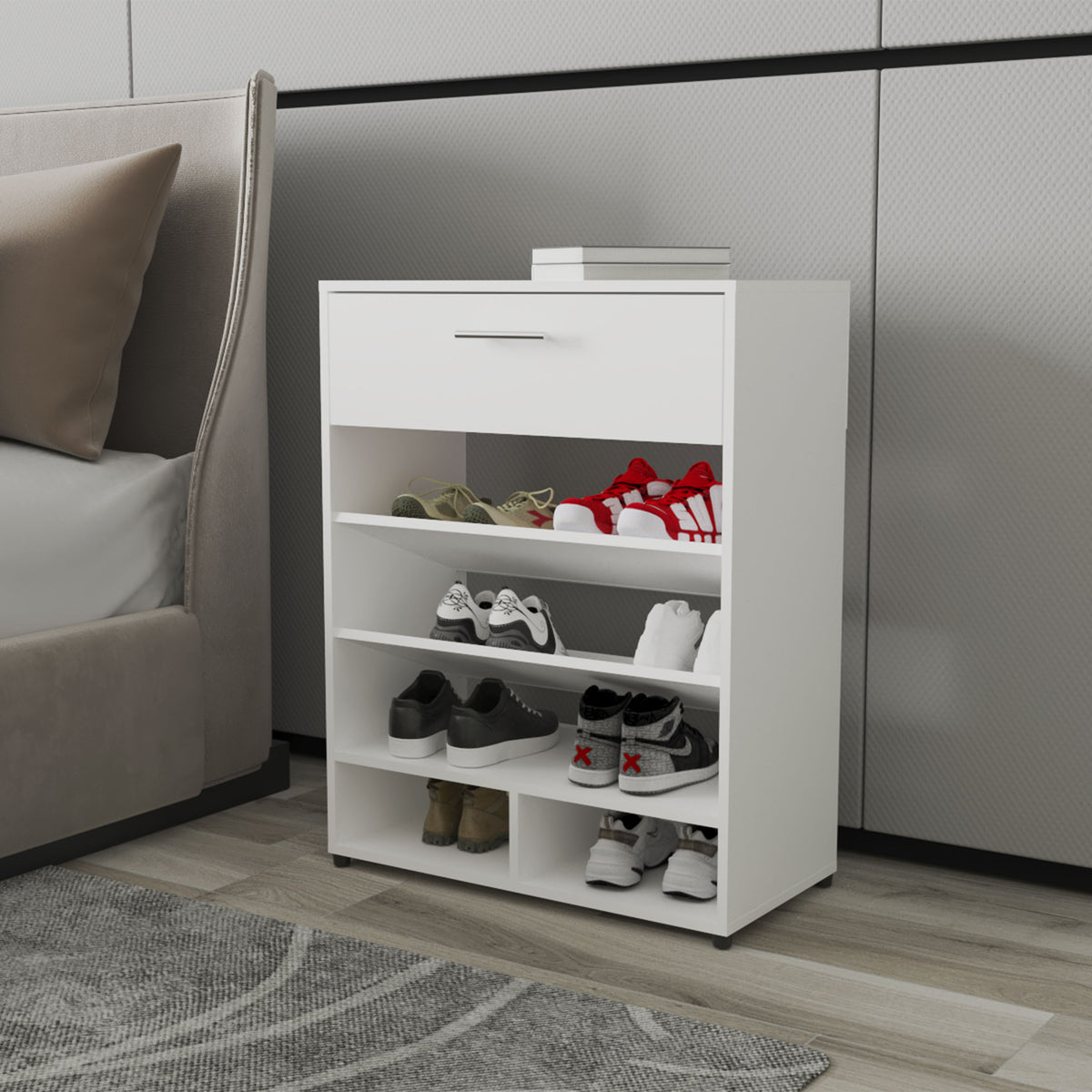 FM FURNITURE Onawa Modern Shoe Rack with Drawer, White - Grand Goldman Shop