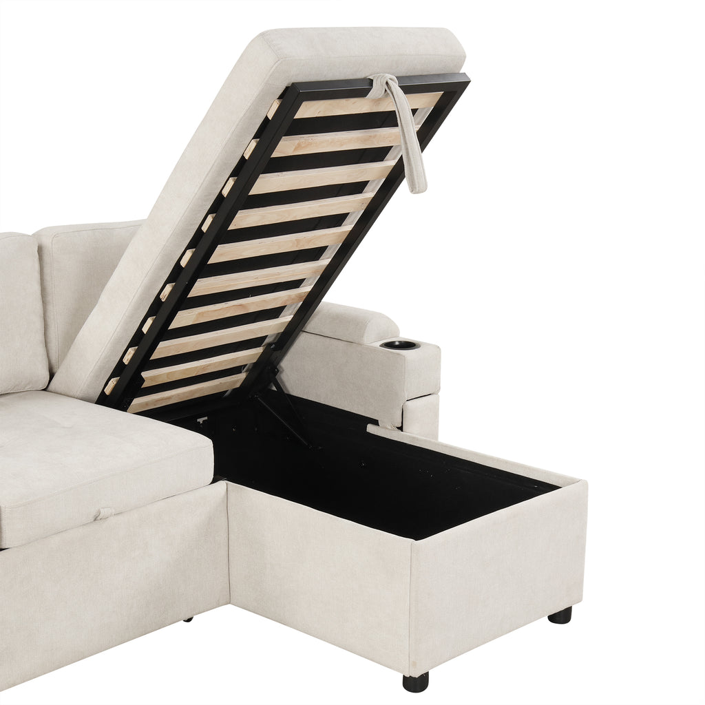 Convertible L-shaped Beige Sofa Couch with Storage, Cup Holders, USB Ports, Chenille Fabric - Grand Goldman Shop