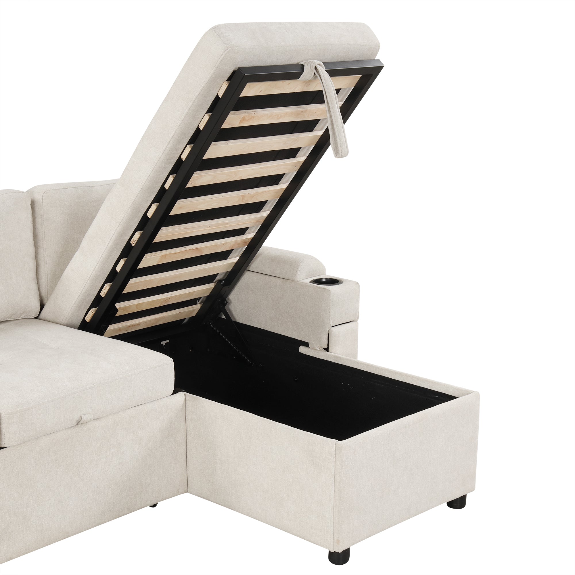 Convertible L-shaped Beige Sofa Couch with Storage, Cup Holders, USB Ports, Chenille Fabric - Grand Goldman Shop